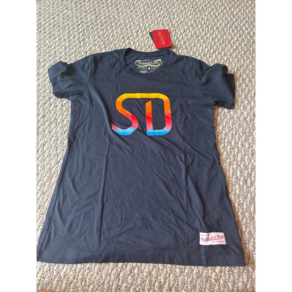 Mitchell & Ness San Diego SD Rainbow Gradient Graphic Tee Navy Blue Womens M